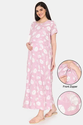 Buy Coucou Maternity Woven Full Length Nightdress With Front Zipper And Discreet Feeding - Deauville Mauve